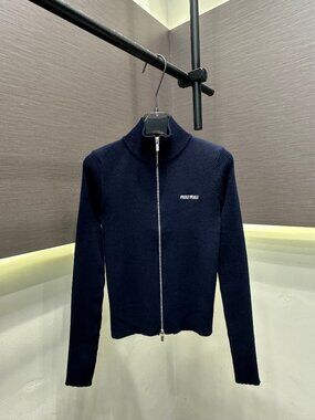 Miu Miu Black Embroidered Letter Zipper Cardigan